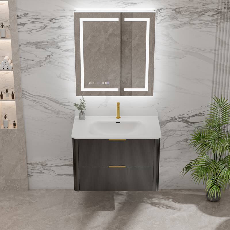 Modland Fluted Floating Vanity with Sink, Plywood Wall Mount Cabinet, Curved Edge, 24/30/36 Inch