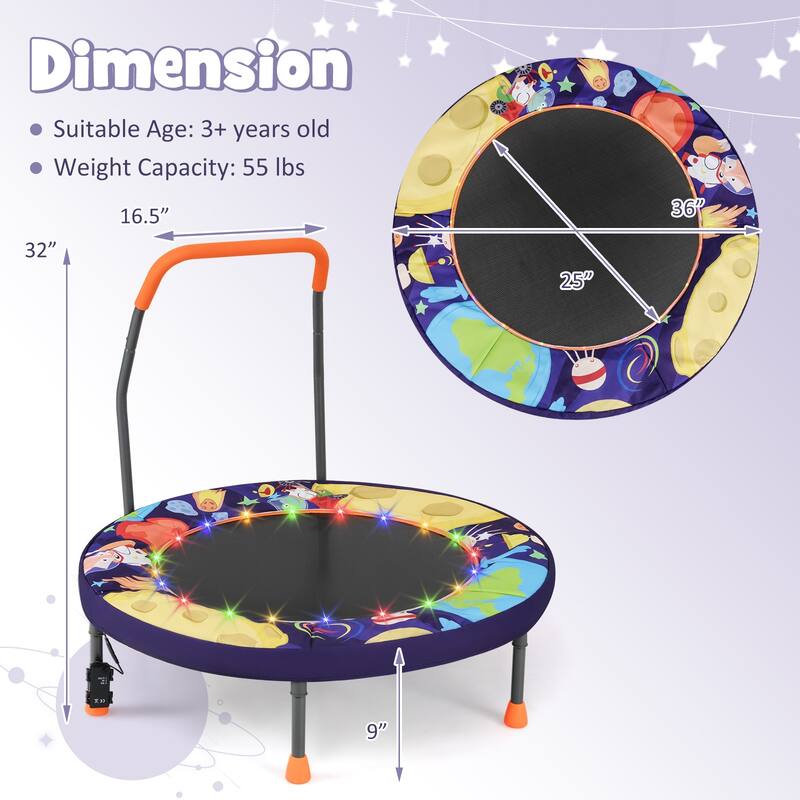 Gymax 36'' Foldable Kid Trampoline w/ 20 LED Lights Foam Handlebar