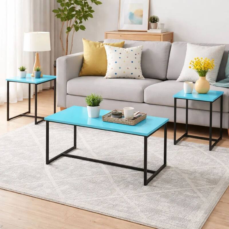 Ont 3 Piece Coffee Table and End Table Set, Carbon Fiber Top, Blue