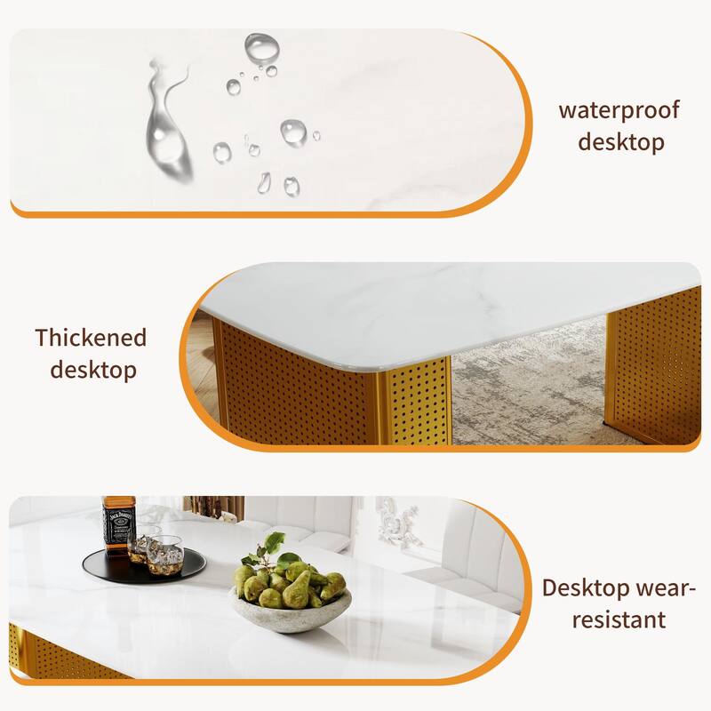 Modern Marble-Patterned Tempered Glass Dining Table, Rectangular Kitchen Table with Dual-Pedestal Metal Base