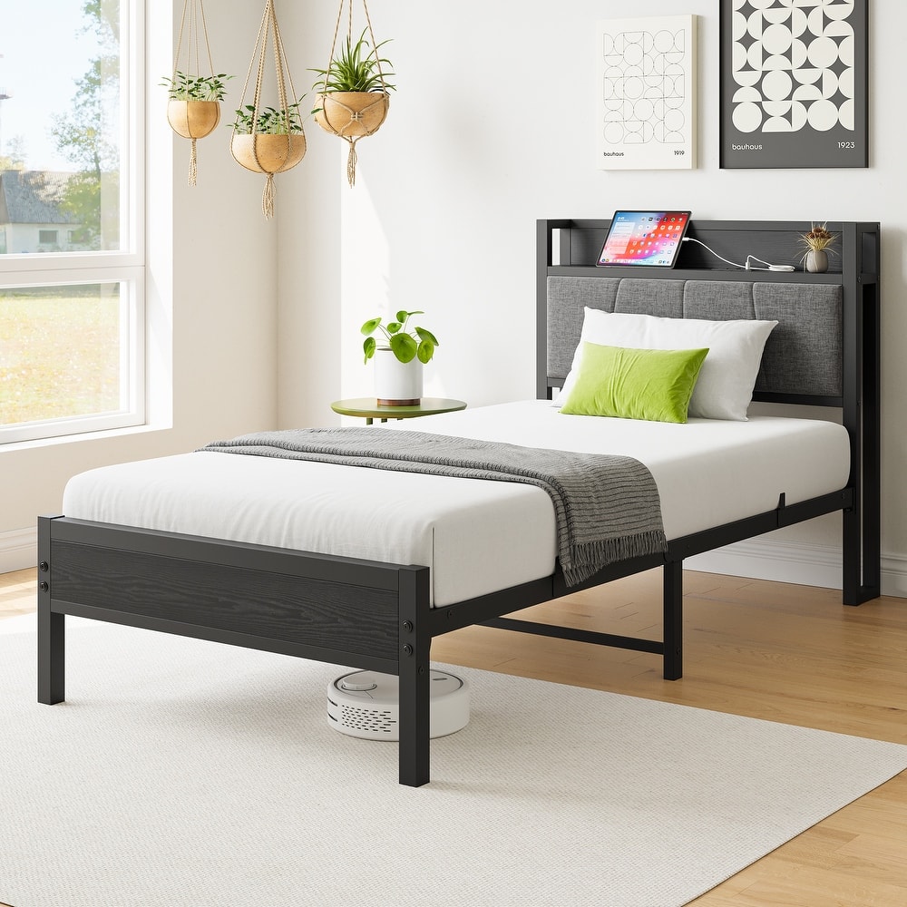 Solid Stable Twin Size Black Bed Frame, Storage Headboard w/ Charging Station, Easy Assembly