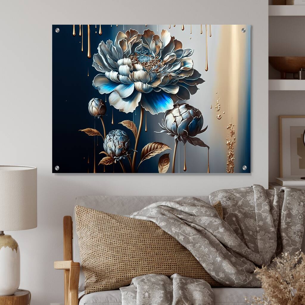 Designart "Ice Blue Zinnia Flowers" Zinnias Gloss Wall Decor Blue - Traditional Acrylic Wall Art Decor