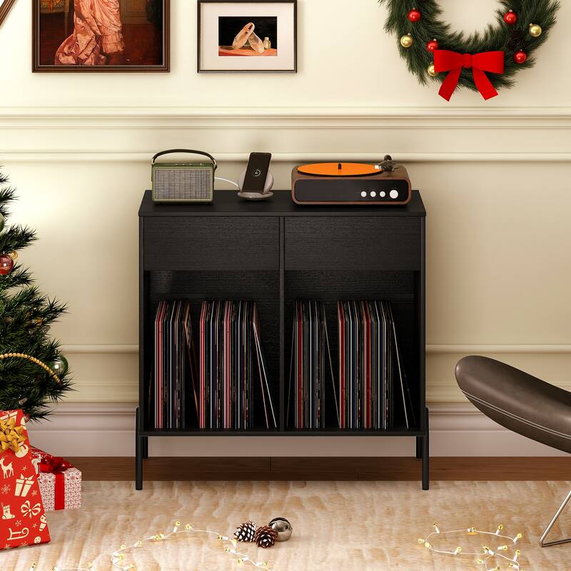 Modern Record Stand with USB Charging Station and 2 Drawer Storage Vinyl Album Organizer Shelf - 31.5" x 16" x 30.5"
