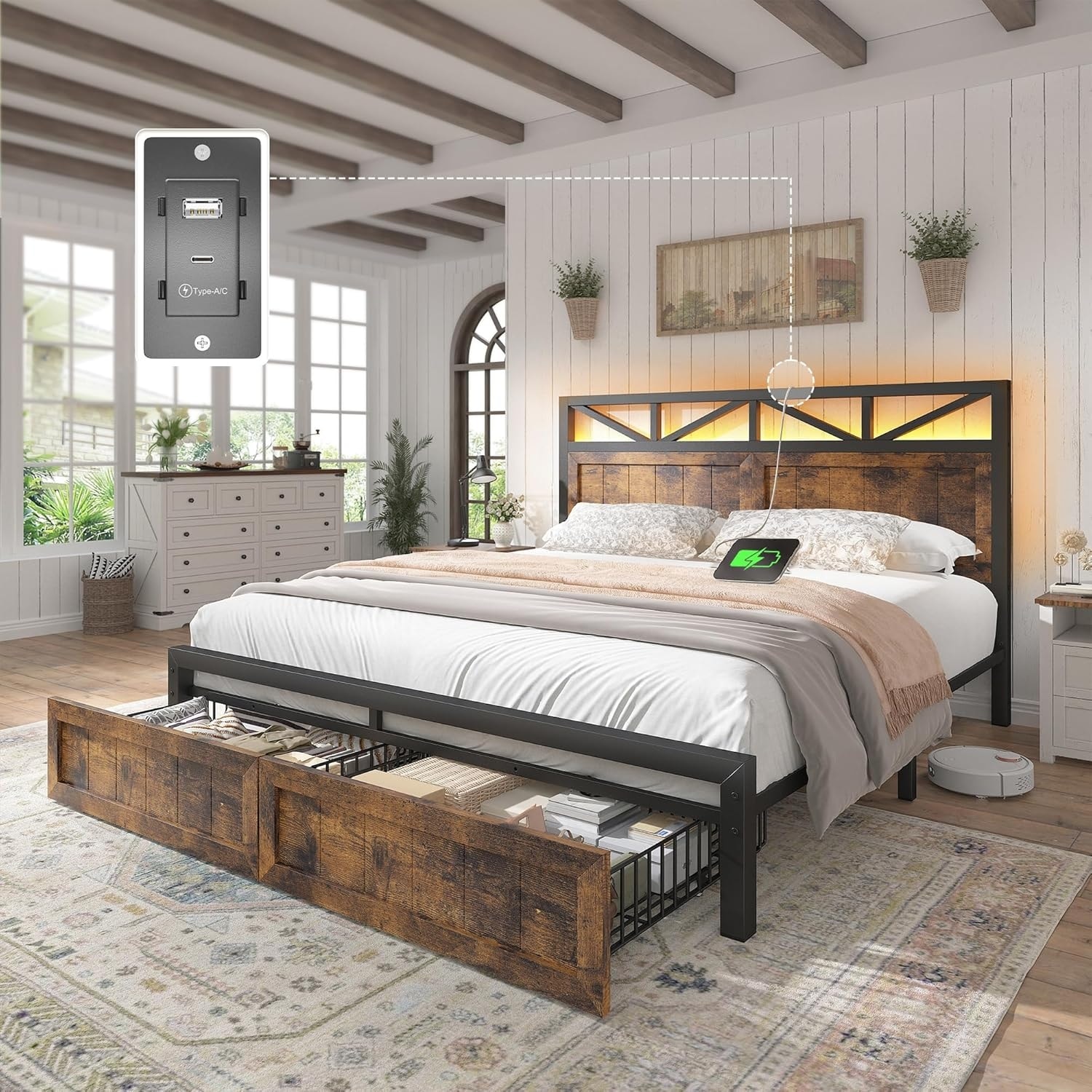 Full Size Bed Frame with Headboard, Storage Drawers, LED Lights, and Built-in Charging Station, Brown