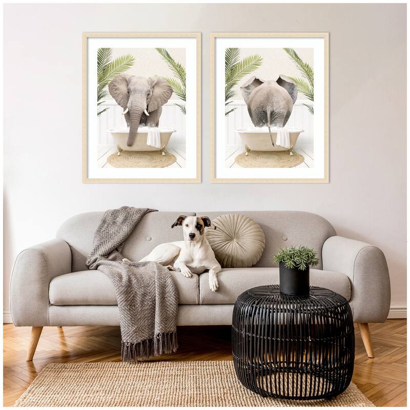 Kate and Laurel Elephant Palm Bathtub 2 Piece Framed Wall Art Print Set by Amy Peterson