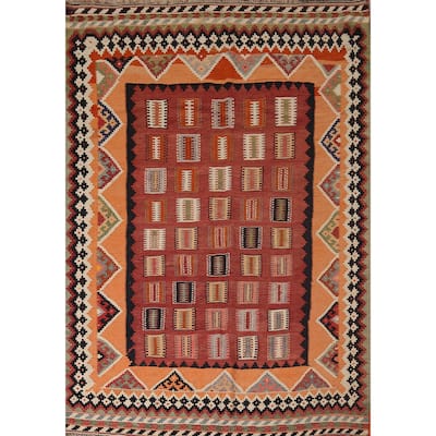 Vegetable Dye Orange Tribal Kilim Qashqai Persian Vintage Wool Carpet - 5'4"x 7'2"