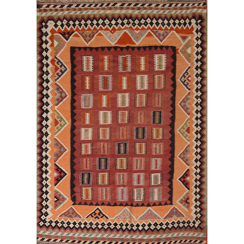 Vegetable Dye Orange Tribal Kilim Qashqai Persian Vintage Wool Carpet - 5'4"x 7'2"