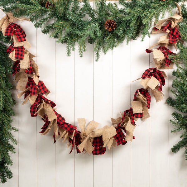 slide 1 of 7, Glitzhome 6 Feet Christmas Red and Black Plaid Fabric Garland