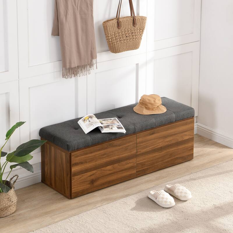 Wooden Shoe Storage Bench Entryway Tufting Bench w/ Adjustable Shelves聽