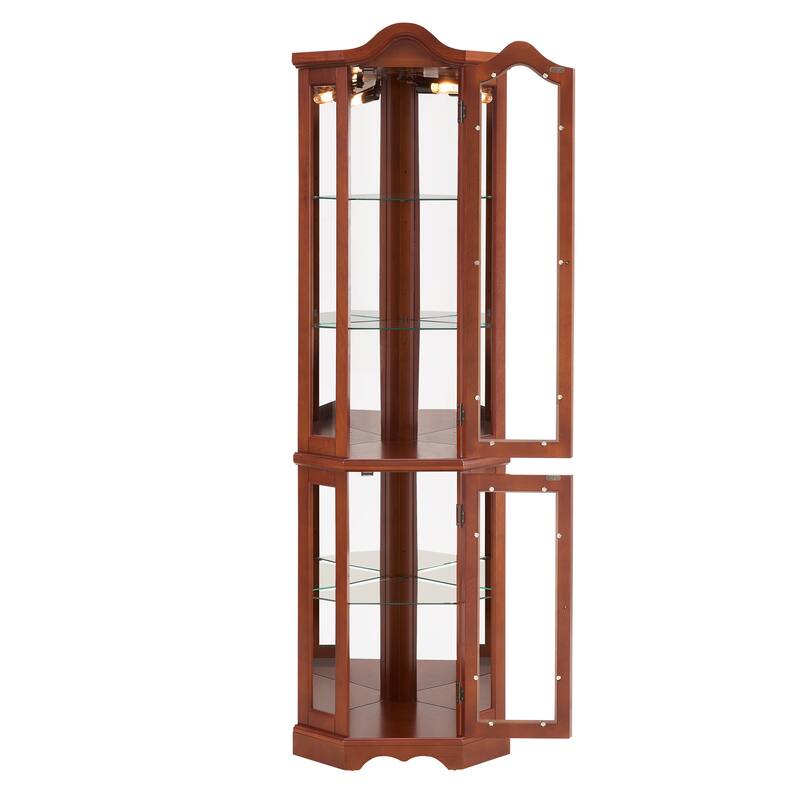 Corner Curio Cabinet with Adjustable Glass Shelves and Mirror Back