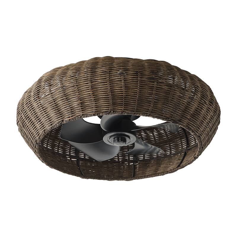 20-inch Boho Distressed Black Chandelier Flush Mount Ceiling Fan with Remote and Hand-Woven Rattan Shade - 19.7" W x 7.08" H