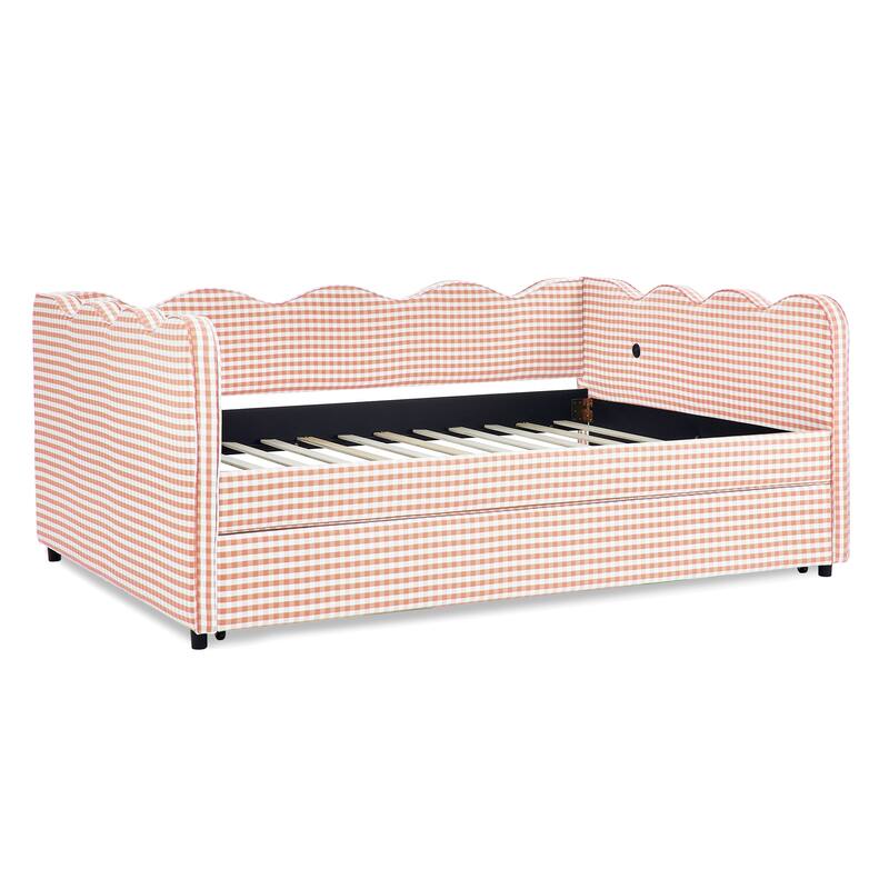 Upholstery Daybed Full Size Sofa Bed with Twin Size Trundle and Charging Ports, Linen Fabric Plaid Pattern and Wavy Silhouette