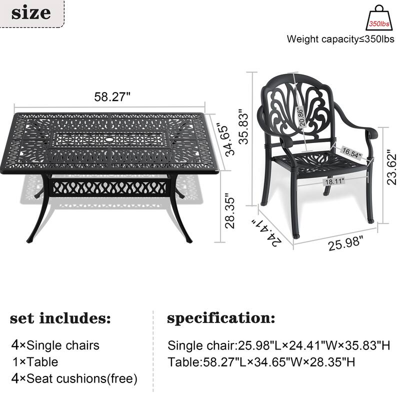 5-Piece Cast Aluminum Outdoor Dining Set with Brown Cushions