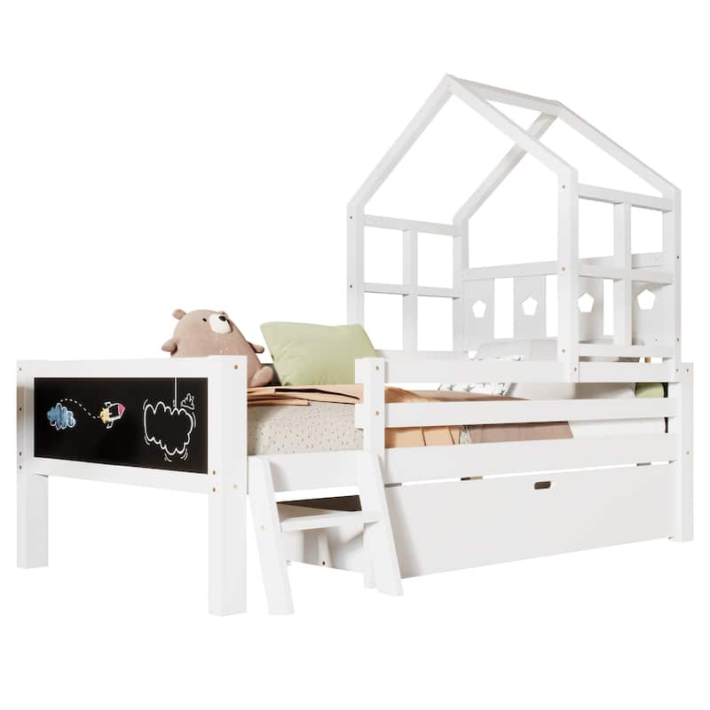 Twin Size Wood Platform Bed with Ladder, Storage Drawer and 2 Chalkboards(No Box Spring Needed)