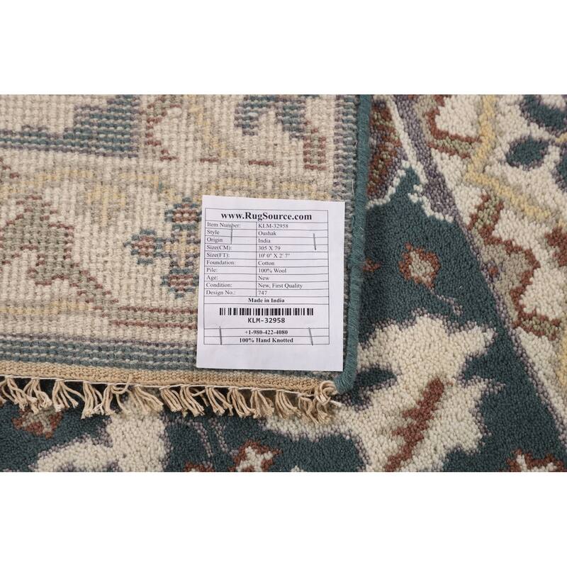Green & Ivory Oushak Oriental Runner Rug Handmade Wool Carpet - 2'7"x 10'0"