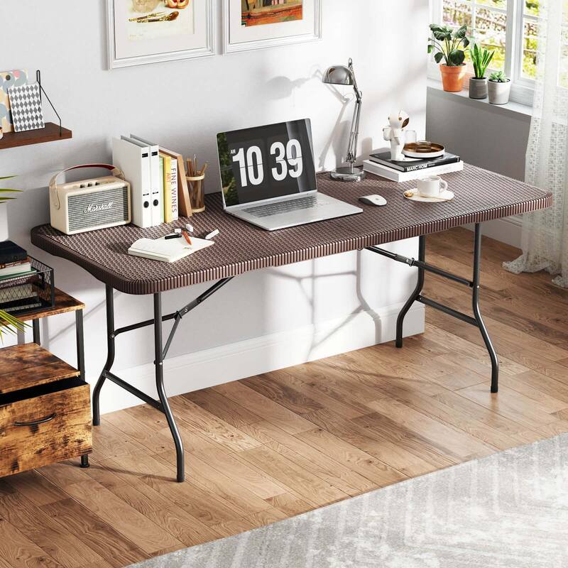 Costway 350 LBS Fold-in-Half Table with Rattan-Like HDPE Tabletop Safe - See Details
