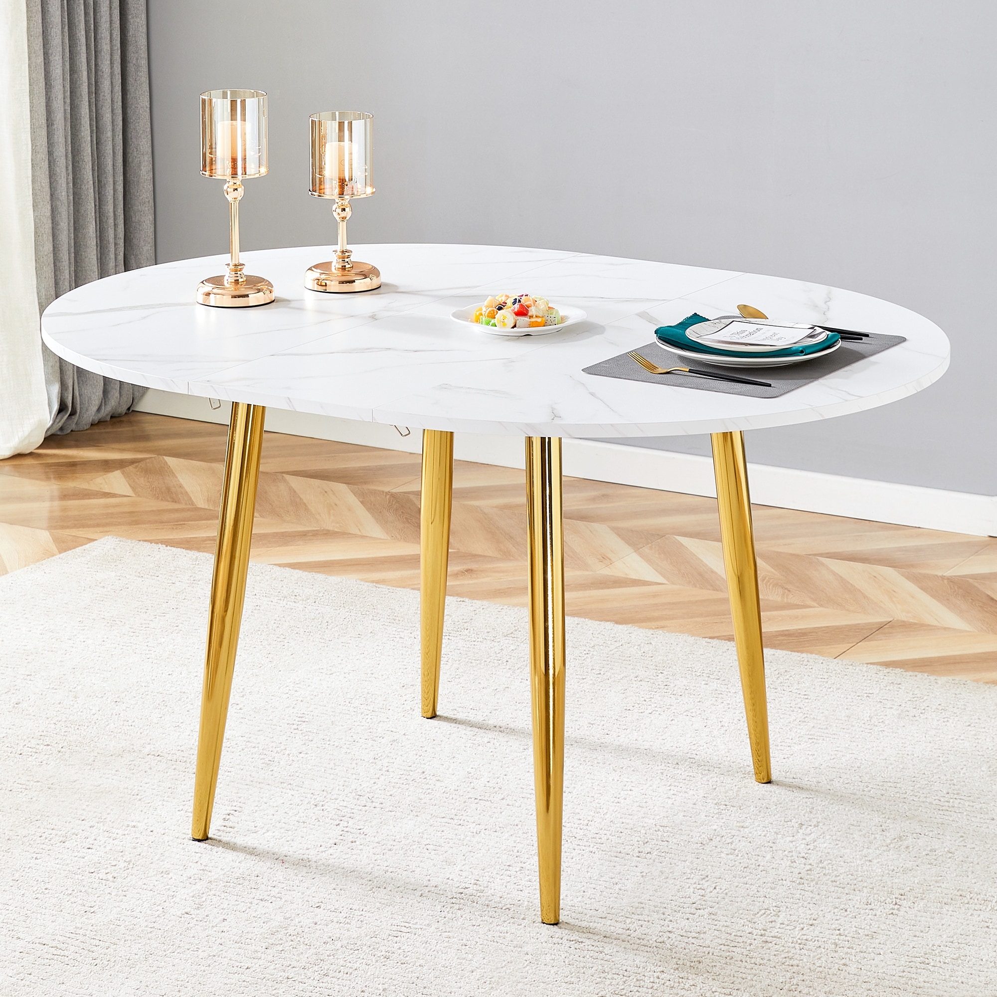 Modern Retractable Table – White Pattern MDF Top, Gold Legs, Smooth Surface; Unique Style Forges Sleek Home Silhouette