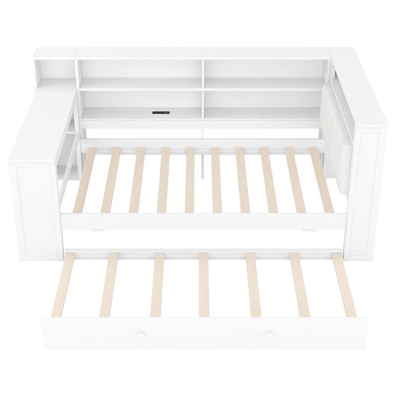 Roomfitters Twin/Full Platform Bed with Trundle, LED Headboard, Charging Station and Storage