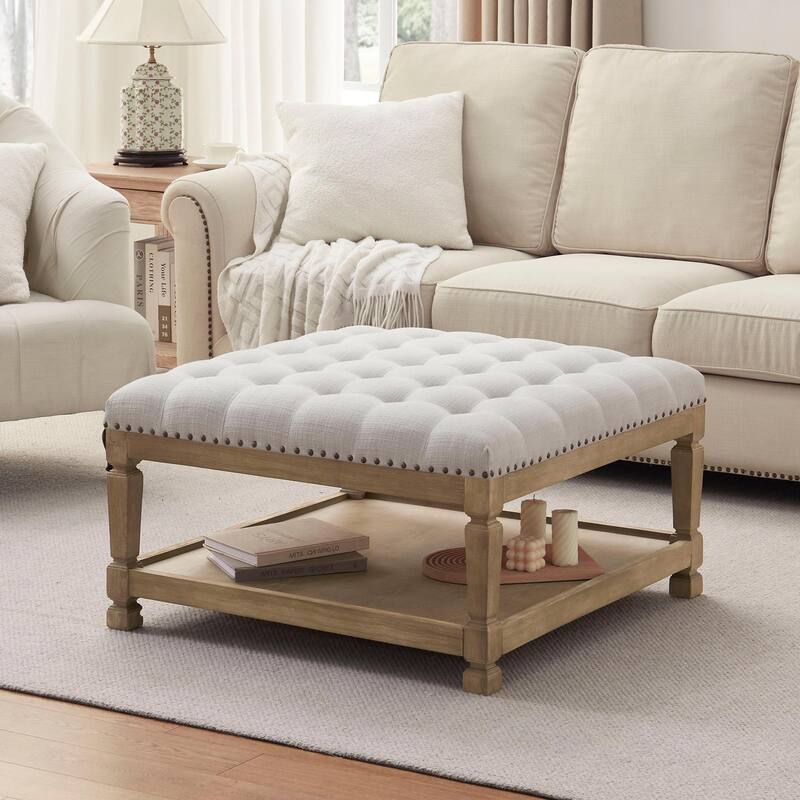 Button-Tufted Upholstered Coffee Table Ottoman with Wooden Shelf – Square Fabric Ottoman