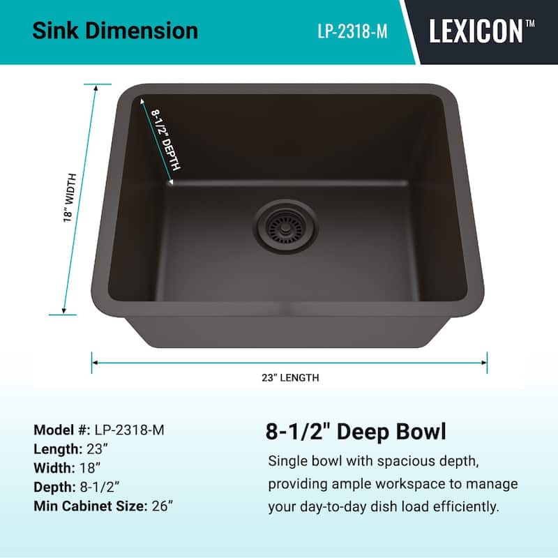 Lexicon Undermount Quartz 23 Inch Single Bowl Kitchen Sink Kit
