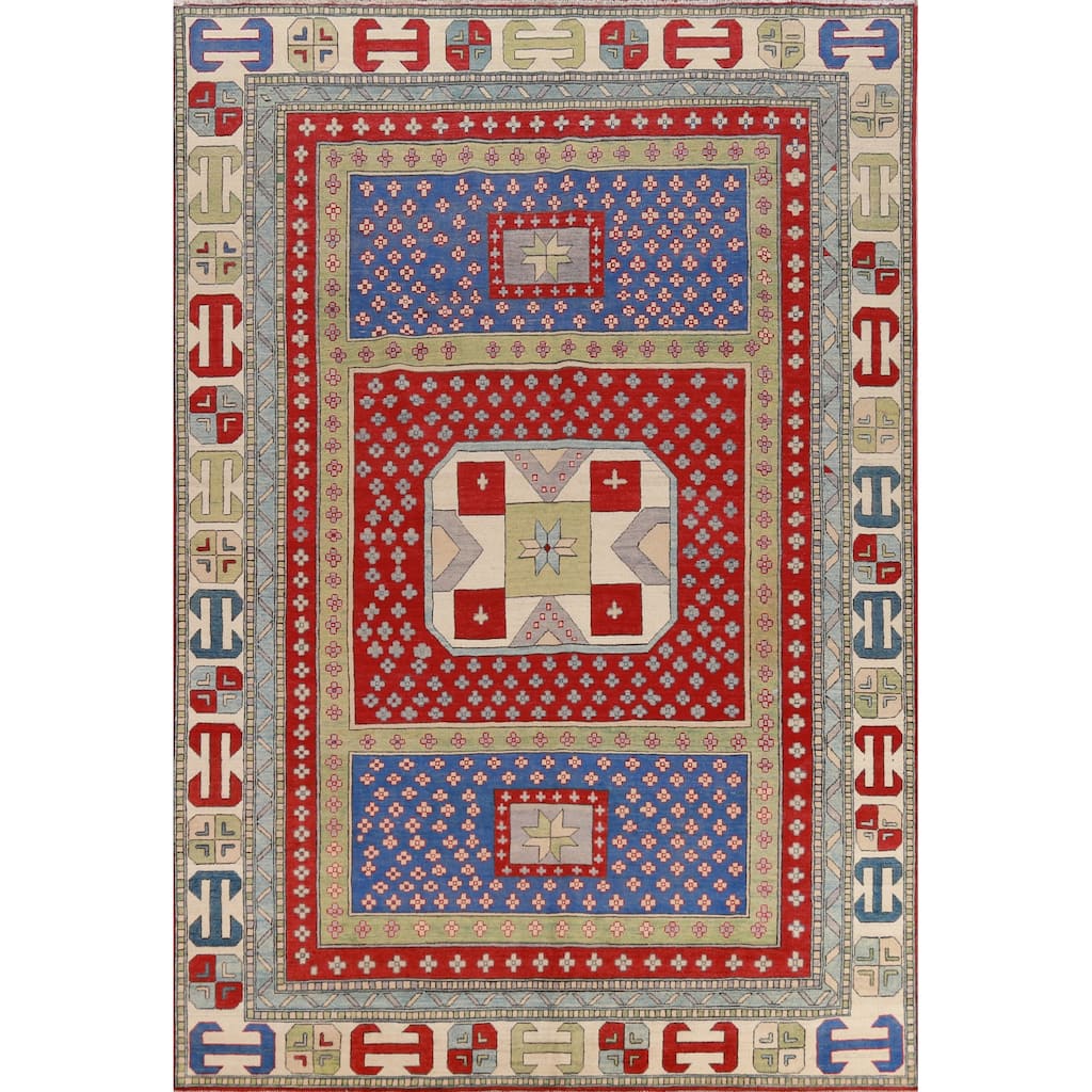 Hand Knotted Oriental 100% Wool Carpet Traditional Geometric Multi-Colored Kazak Area Rug - 11' 4'' X 8' 5''