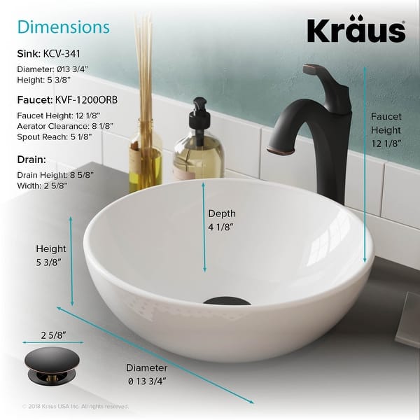 dimension image slide 3 of 4, Kraus 3-in-1 Set White Round Ceramic Vessel Sink Arlo Faucet w/ Drain