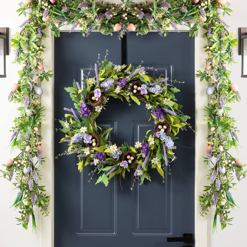 Glitzhome Easter Wreath with Eggs Lavender Bird Nest for Front Door Wall Window Holiday Decoration - Lavender & Bird Nest