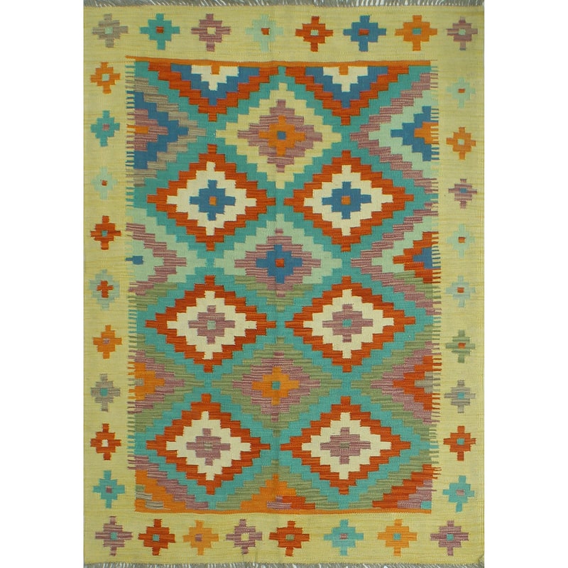 Sangat Flatweave Albin Gold/Turquoise Rug - 4'0" x 5'7"