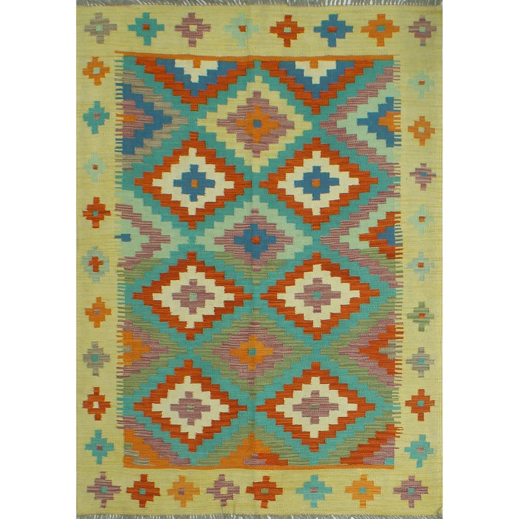 Sangat Flatweave Albin Gold/Turquoise Rug - 4'0" x 5'7"