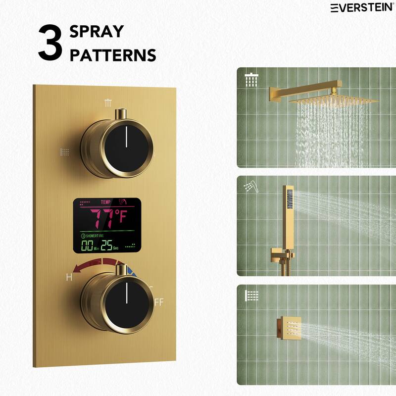 LCD Temperature Display 12" High-Pressure Shower System With Pressure Balancing Diverter Valve - 12-Inch
