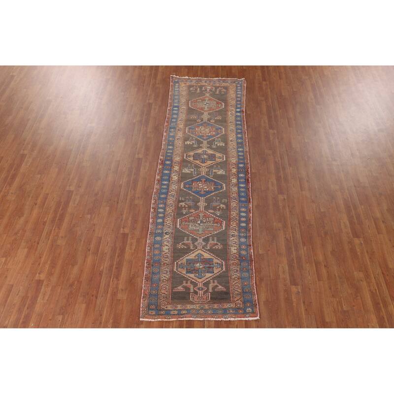 Tribal Ardebil Persian Vintage Runner Rug Handmade Wool Carpet - 3'3"x 11'1"