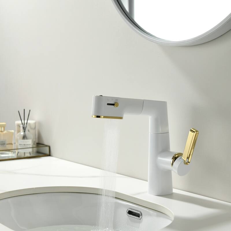 Bathroom Sink Faucet with 360° Swivel Sprayer And Digital Display, Basin Faucets - White+Gold