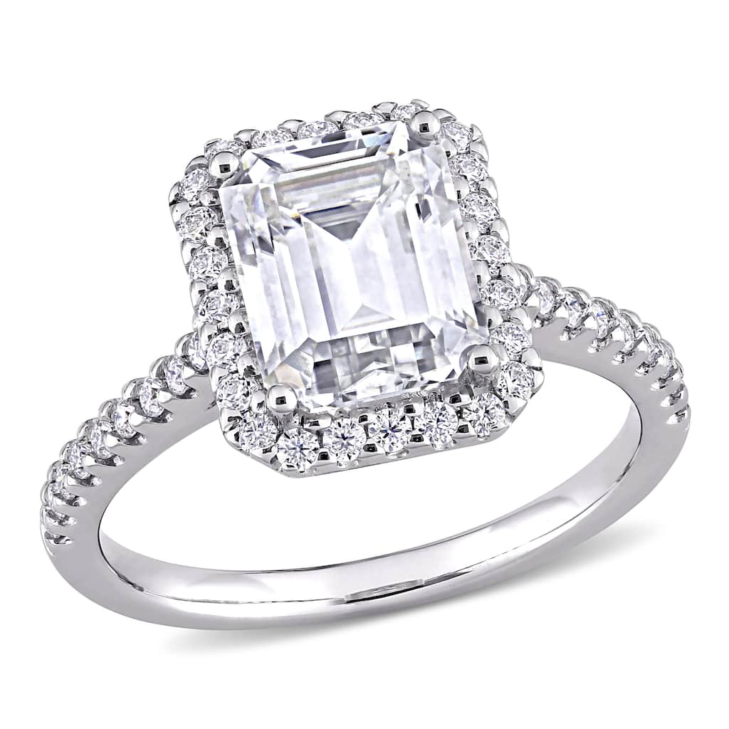 Miadora 2 7/8ct DEW Emerald-cut Moissanite Halo Engagement Ring in 10k White Gold