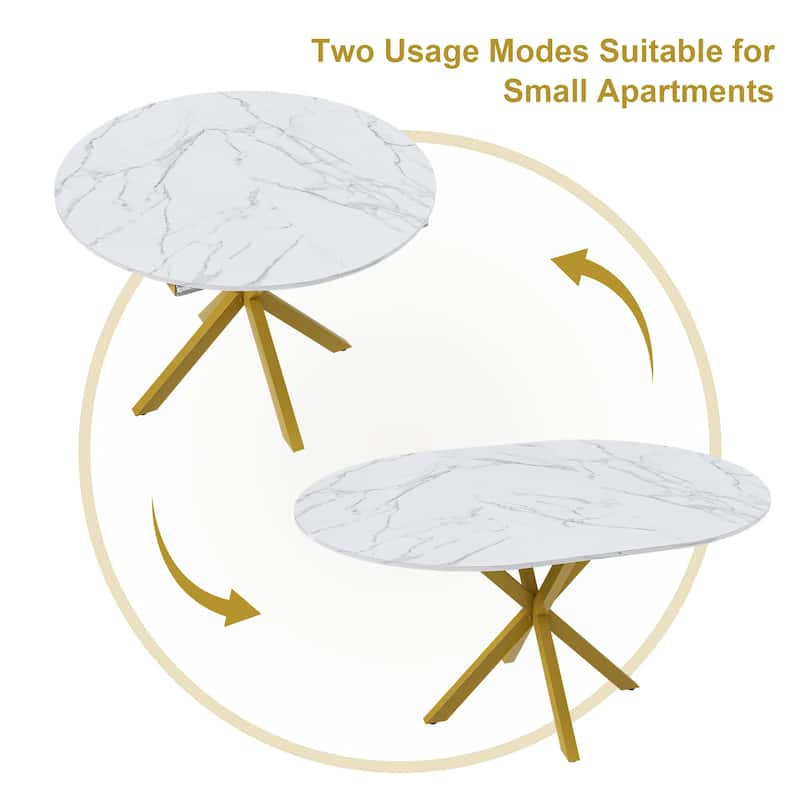 Modern and simple round dining table with extendable blades, carbon steel X-shaped base, sturdy and durable(4-6 people)