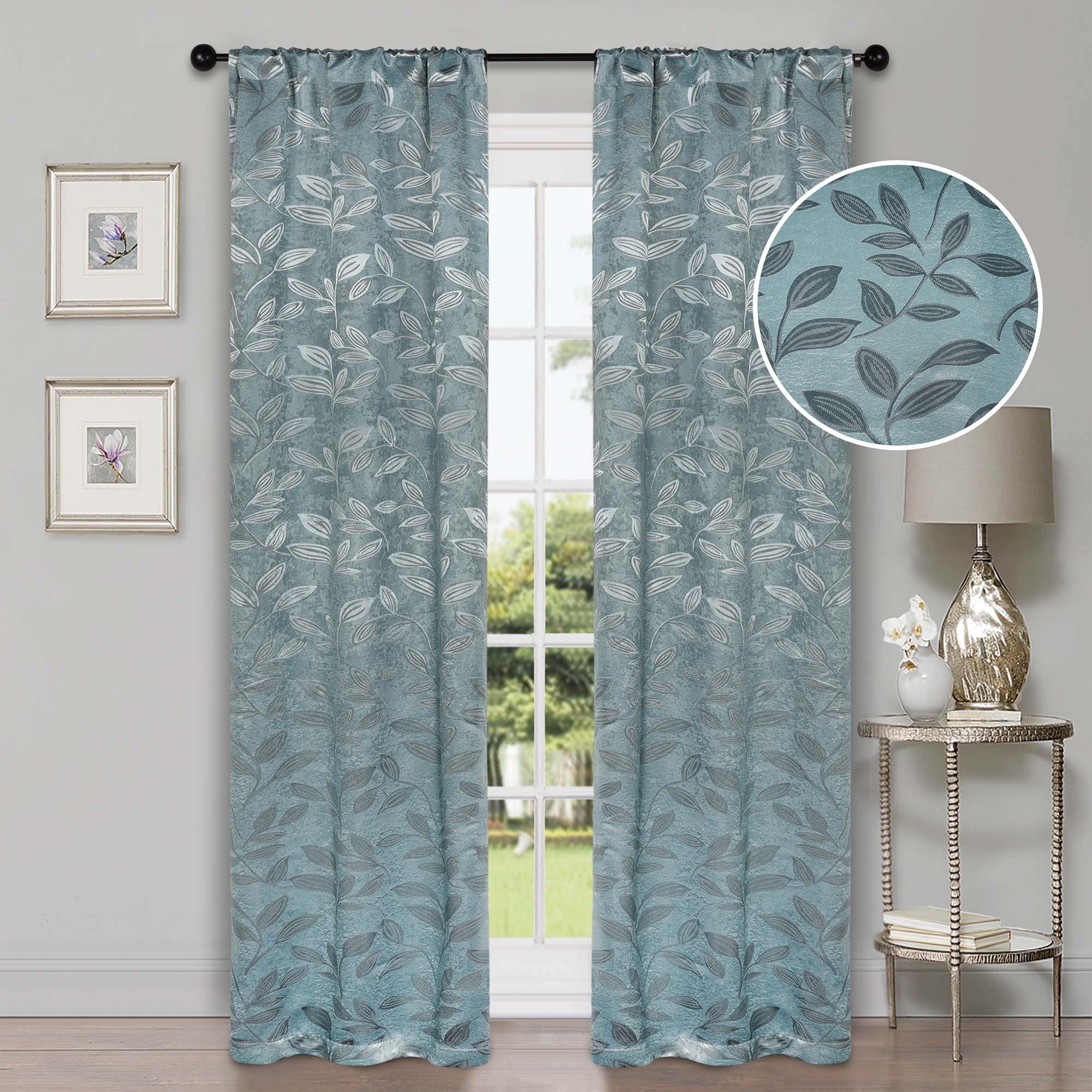 Superior Leaves Machine Washable Room Darkening Rod Pocket Blackout Curtains, Set of 2