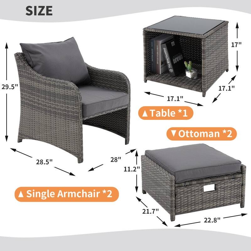 EROMMY 5-Piece Wicker Patio Furniture Set with Cushions - Rattan Chairs, Ottoman & Side Table for Balcony, Outdoor Lounge Set