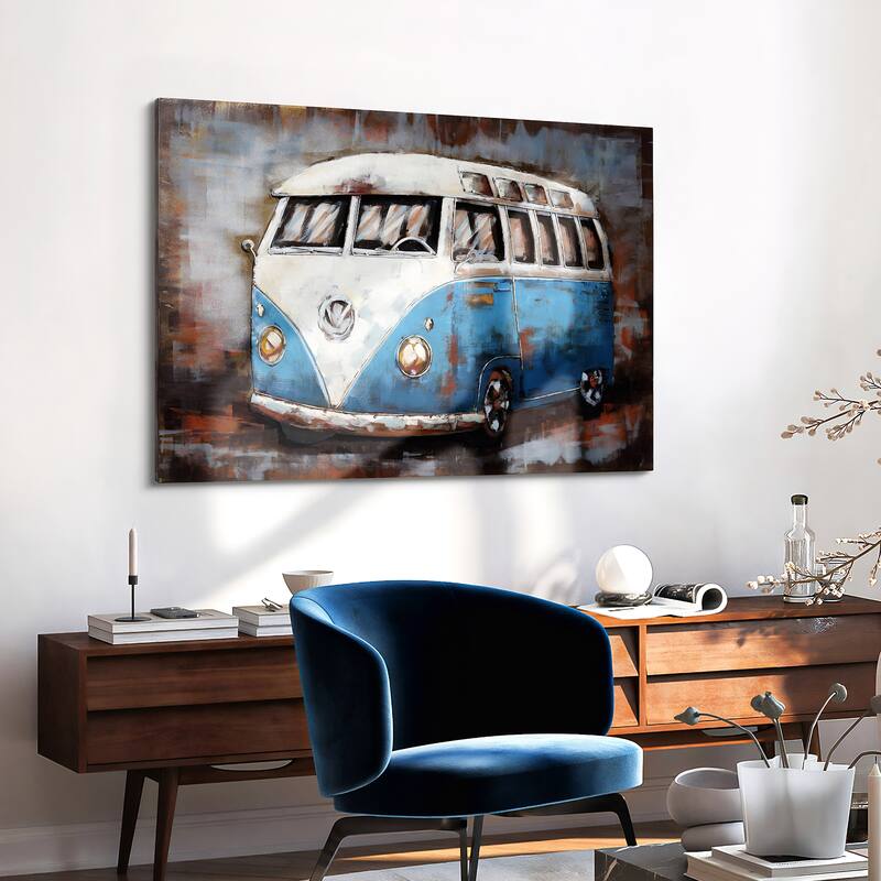 "Blue bus" Mixed Media Iron Hand Painted 3D Wall Sculpture