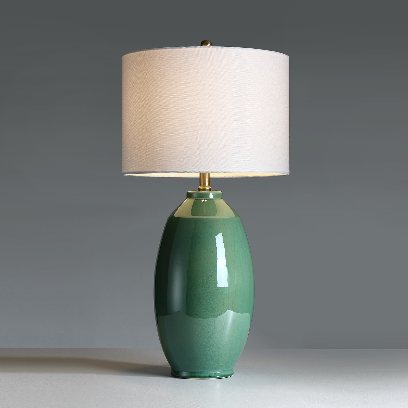 Celadon 3-Way Ceramic Table Lamp with White Drum Shade - 26.5 in. H