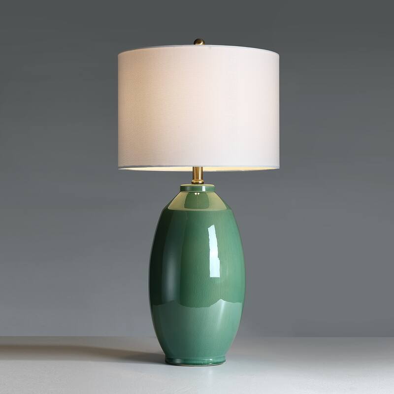 Celadon 3-Way Ceramic Table Lamp with White Drum Shade - 26.5 in. H - 26.5 in. H - Green