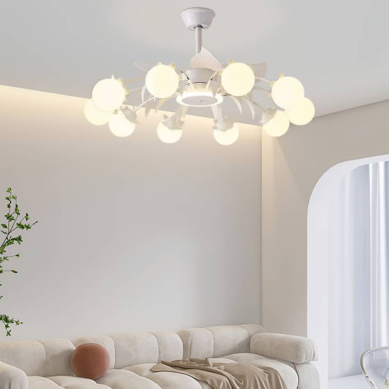 Indoor Chandelier Ceiling Fan with Light and Remote, Beige Fandelier with Milky Globe Shade for Bedroom - White - 10-light
