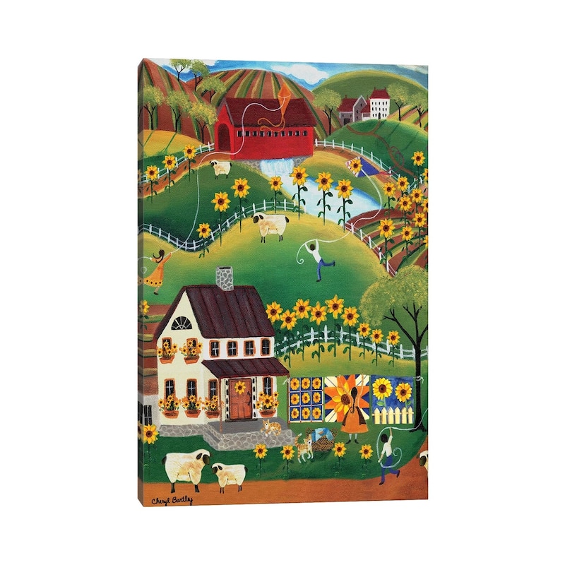 iCanvas "Primitive Quilt Maker House Sunflower Sheep Cheryl Bartley" by Cheryl Bartley Canvas Print