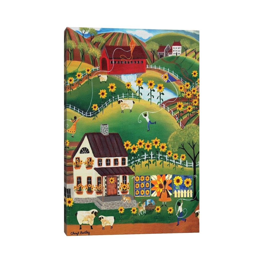 iCanvas "Primitive Quilt Maker House Sunflower Sheep Cheryl Bartley" by Cheryl Bartley Canvas Print