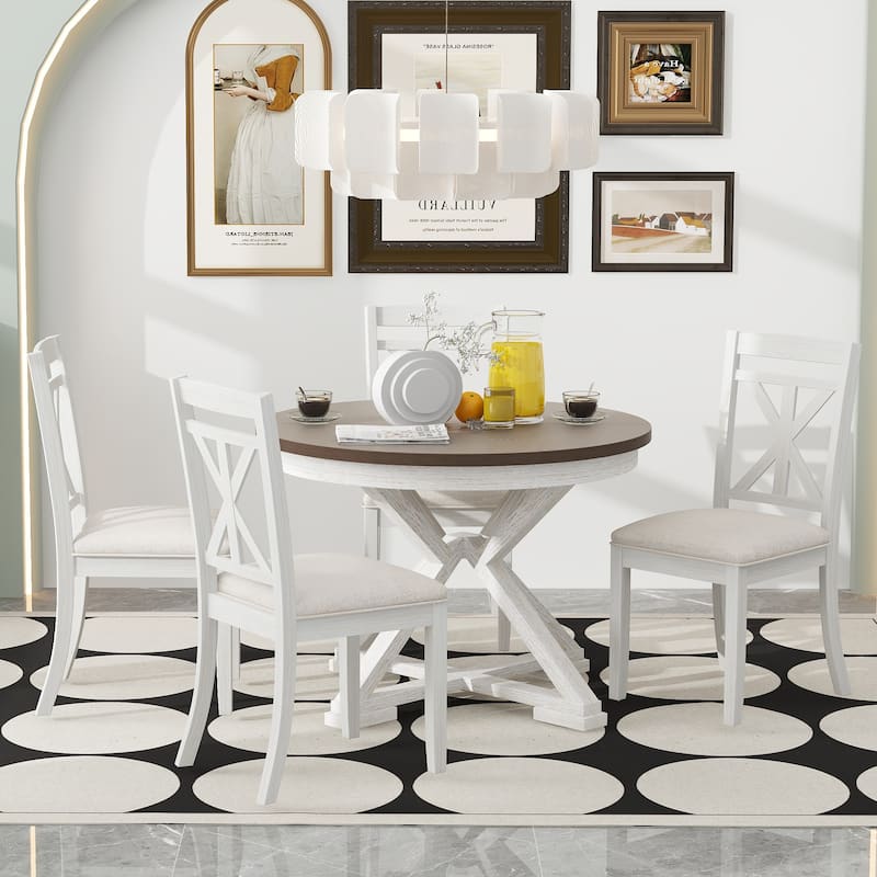 Retro 5-Piece Dining Table Set with Extendable Round Table and Upholstered Chairs for Dining Room