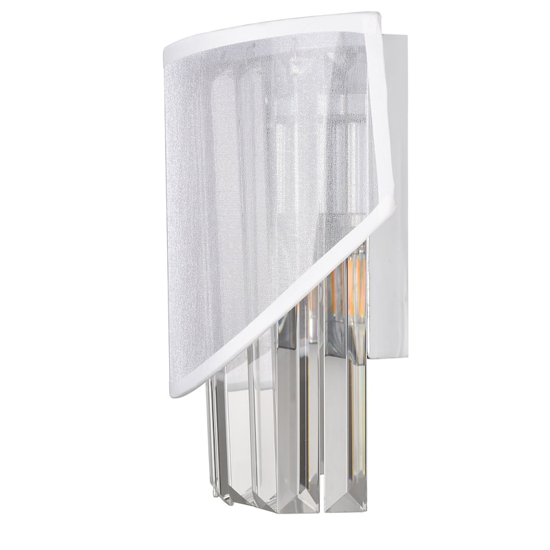 1-Light Modern White Fabric & Crystal Wall Sconce - Ideal for Living Room Decoration - Polished Nickel - N/A