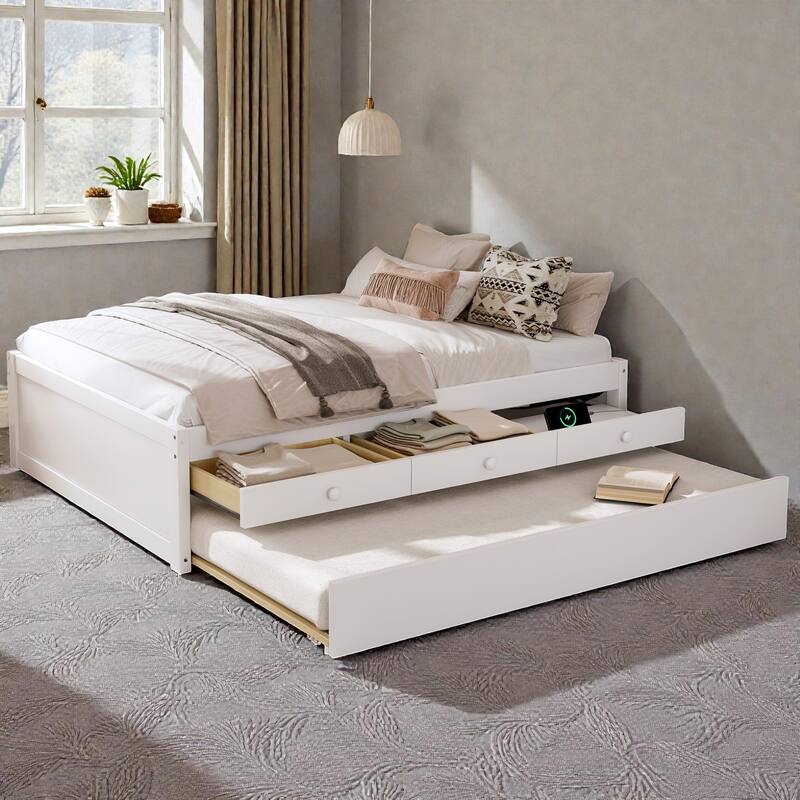 Platform Bed with Trundle, 2 Storage Drawers and Built In Power Strip, Solid Wood Bed Frame
