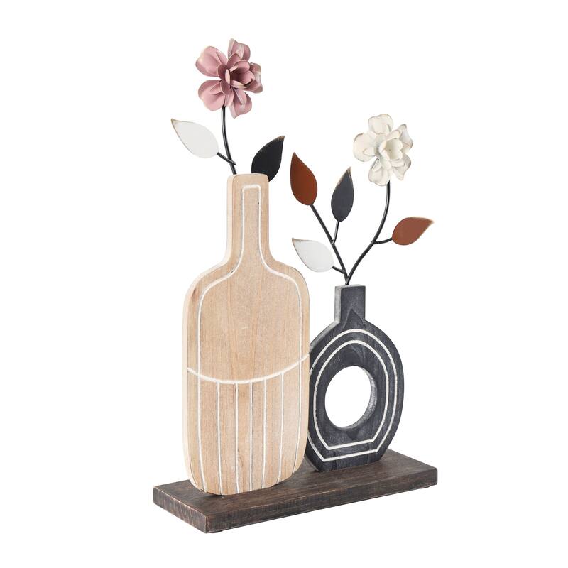 Multi Colored Wooden Patterned Vase Floral Decorative Sculpture with Metal Accents (Set of 3)