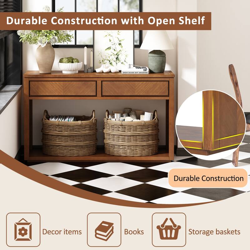 55" Console Table, Rustic Wooden Entryway Table Sofa Table with Storage Drawers and Open Storage Shelf, Hallway Tables Honey