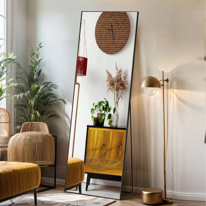 Full Length Mirror with Stand, Floor Mirror with Frame, Full Body Mirrors, Free Standing or Wall-Mounted Mirrors for Living Room - 16X59 - Black