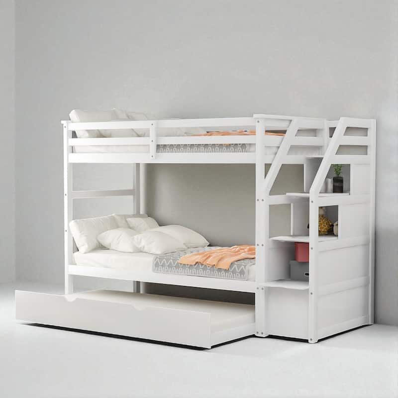 Twin Over Twin Bunk Bed with Trundle and 3 Storage Stairs, Solid Wood Frame, No Box Spring Required