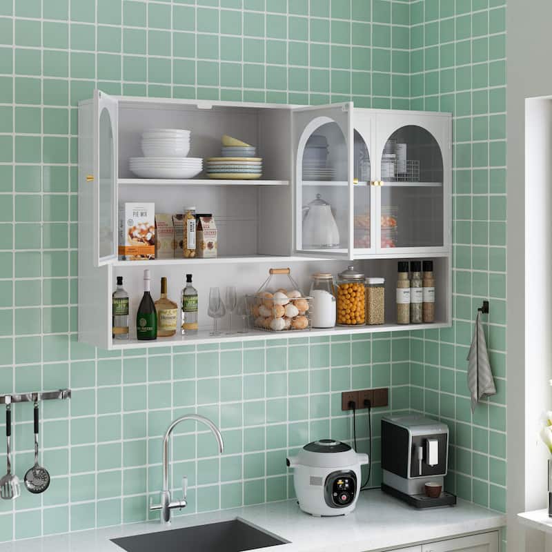 Wall mounted four door glass storage cabinet for bathroom